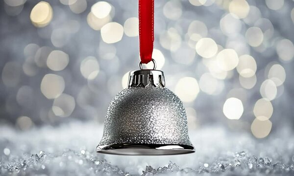 Silver Bell Christmas Ornament on Snowy Background