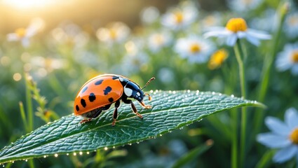 Fototapeta premium Ladybug Resting on Leaf in Meadow with Dewdrops at Sunrise