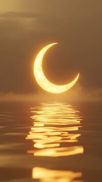 Golden crescent moon over a calm sea at sunrise