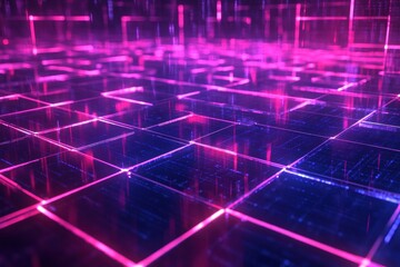 Obraz premium Digital network grid with vibrant neon hues.