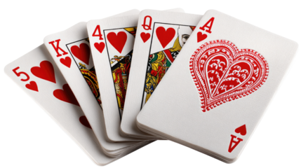 Royal Flush in Hearts: A winning poker hand, a royal flush in hearts, displaying a high-stakes game and a thrilling moment of triumph.