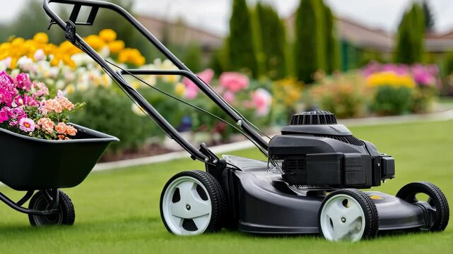 Here are some helpful lawn maintenance tips for beginners that involve using a lawn mower and a wheelbarrow in your garden