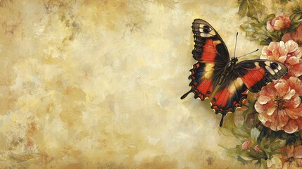 Obraz premium Beautiful butterfly with vibrant red and black wings flutte near pink flowers against a textured vintage background perfect for nature and sp themes