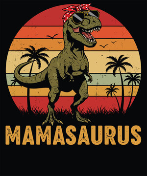 Cool T-Rex Mom Wearing Bandana in Sunset Illustration, Mother's Day t-shirt design, Mamasaurus