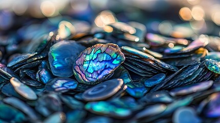Irridescent abalone shell pieces, a colorful display.