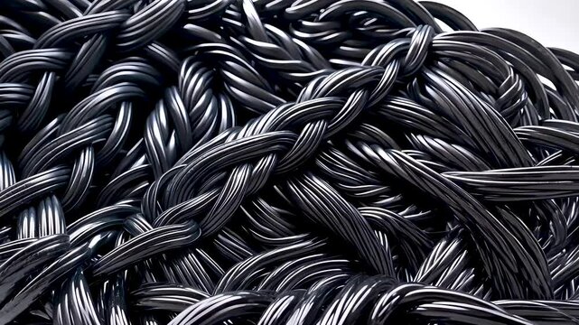 Detailed close-up of thick braided black synthetic rope texture pattern