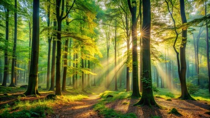 Obraz premium Sunbeams Illuminate a Mystical Forest Path, Creating an Enchanting Atmosphere of Tranquility and Wonder