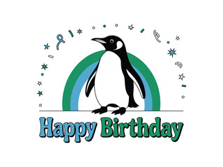 Obraz premium Happy Birthday Penguin with Rainbow Confetti - Celebration Vector
