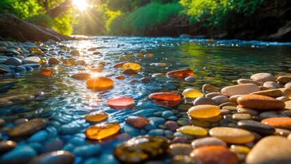 Pebbles in Clear River Water Catching Sunlight Creates Serene Scene