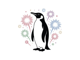 Obraz premium Penguin with Bursting Fireworks - Colorful Celebration Vector