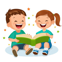 Two joyful children sitting together, reading a book and sharing laughter, surrounded by colorful stars and sparkles.
