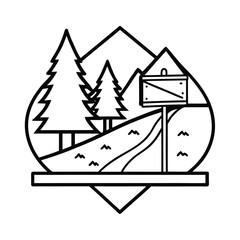 Abstract Landscape Illustration With Forest Trees Mountain Peaks And A Trail Sign