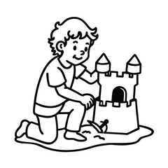 Boy Building A Sandcastle Illustration Black And White Beach Fun Outline Art Summer Vacation