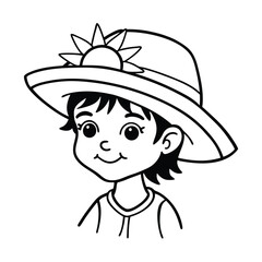 Cartoon Girl With Sun Hat Black And White Line Art For Coloring Books Or Illustrations