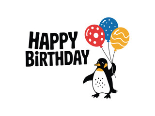 Happy Birthday Penguin with Cake, Balloons, and Confetti - Celebration Vector
