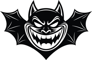 black and white bat, horror halloween bat icon, bat with wings, black and white halloween bat, smiling bat wing silhouette vector icon, ghost type horror bat.