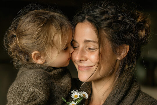 Portrait tendre d'une maman recevant un bisou ou des fleurs de la part de son enfant &ndash; sc&egrave;ne chaleureuse, naturelle et &eacute;mouvante pour la f&ecirc;te des m&egrave;res ou l&rsquo;amour familial