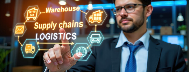 businessman interacts with futuristic logistics interface, highlighting supply chains and warehouse management