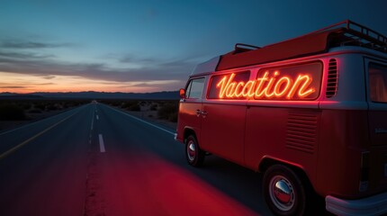 Vintage red van with neon vacation sign on open road at dusk