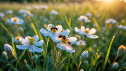 White Flowers in a Meadow with Hoverflies Pollinating at Sunset
