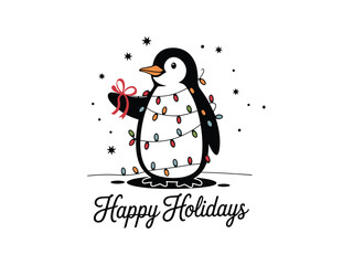 Obraz premium Happy Holidays Penguin with Lights Vector