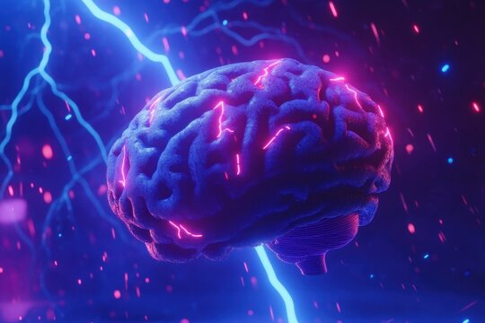 Electrical stimulation of the human brain in a vibrant neon setting.