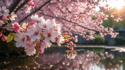 Blooming Cherry Blossom Branch Reflected in Serene Pond Water at Sunrise