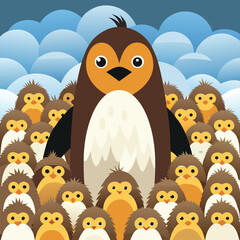 Fototapeta premium A lone adult king penguin stands tall amongst a crowd of fluffy brown chicks.