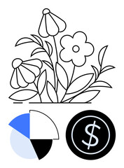 Flowers symbolize natural growth, pie chart visualizes data analysis, and dollar sign represents profits. Ideal for finance, sustainability, business strategy, eco-friendly economy, growth