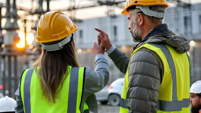 At the construction site, engineers meticulously review the blueprints during a stunning sunset, all while donning their safety helmets and protective gear