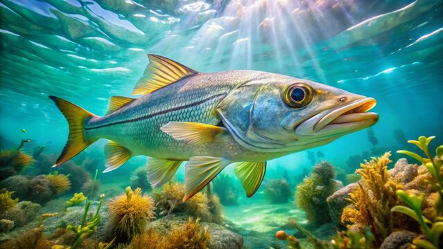 A majestic snook gracefully swims through vibrant underwater scenery, sunlight filtering through the water's surface, illuminating its scales and fins.