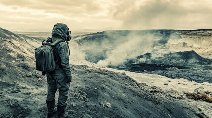 A desolate volcanic wasteland, the air thick with toxic gas, an explorer wearing a gas mask.