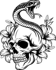 Fototapeta premium Dark Gothic skull and floral fusion design in SVG format.Snake Wrapped Around Skull with Floral Elements in Black and White Design