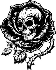Dark Gothic skull and floral fusion design in SVG format.Skull Inside Black Rose with Thorny Stem and Leaf Design in Monochrome
