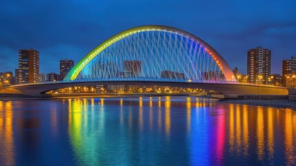 A modern arched bridge reflecting vibrant colors over the water