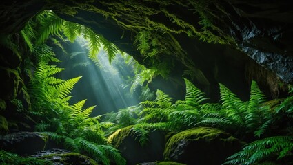 Obraz premium Ferns Grow Inside Cave with Sunlight Streaming Through the Opening