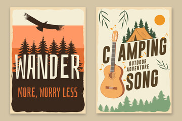 Outdoor adventure flyer, poster, banner design. Concept for shirt or logo, print, stamp or tee with condor, guitar and pine forest silhouette. Outdoor adventure. Vector.