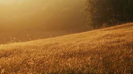 A golden field on a hillside with soft hazy morning light