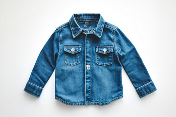 Photograph of a children's denim shirt on a white background, top view, product photography, studio lighting, isolated object, clean white backdrop