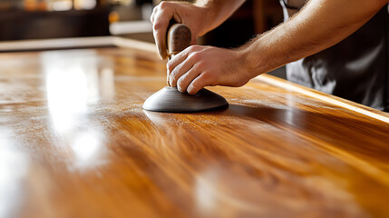 Carpenter polishing wood surface for fine finish. Featuring skill and craftsmanship