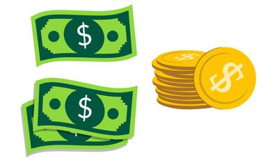 Paper money clipart.Green banknote one dollar bills in different poses flat icon cartoon isometric style. Money, banknote, investment, finance, wealth, budget concept Image of dollar money set 
