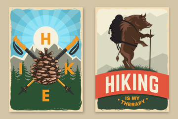 Outdoor adventure flyer, poster, banner design. Vector. Concept for shirt or logo, print, stamp or tee. Vintage typography design with hiking wild boar, mountain and trekking sticks