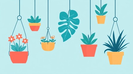 Hanging Plants in Pots, Light Blue Background