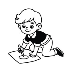 Cartoon Boy Drawing On Paper Education Creative Learning Child Artist Monochrome