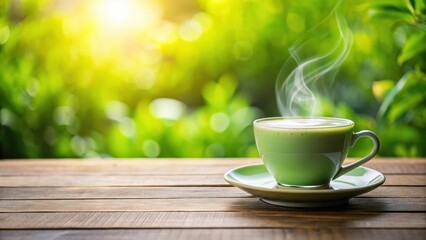 Fototapeta premium A steaming cup of green tea latte on a minimalist wooden table with a blurred background of lush greenery and natural light pouring in , wood, drink