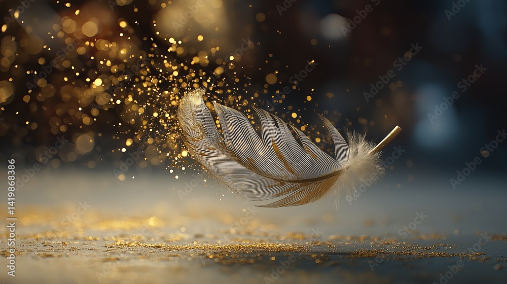 Poster single bird feather floating in mid-air with golden particles