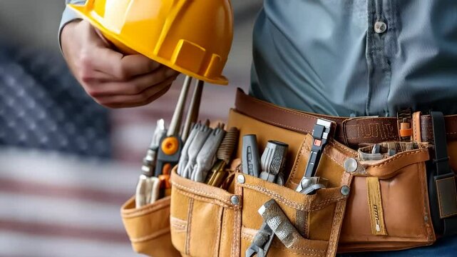 A skilled worker is getting ready to undertake a construction task, standing proudly in front of a backdrop featuring the American flag