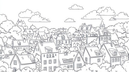 Cityscape illustration, European town, detailed drawing, coloring book, background