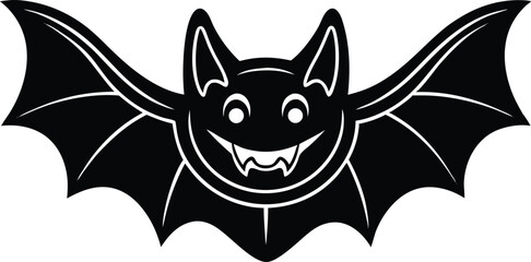 black and white bat, horror halloween bat icon, bat with wings, black and white halloween bat, smiling bat wing silhouette vector icon, ghost type horror bat.
