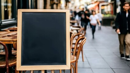 A blank chalkboard sign stands in an outdoor cafe, inviting creativity and customization in a bustling street scene.